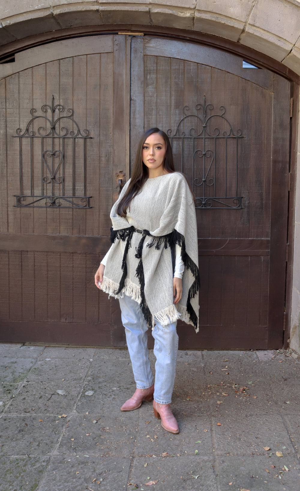 Charcoal Fringe Long Poncho