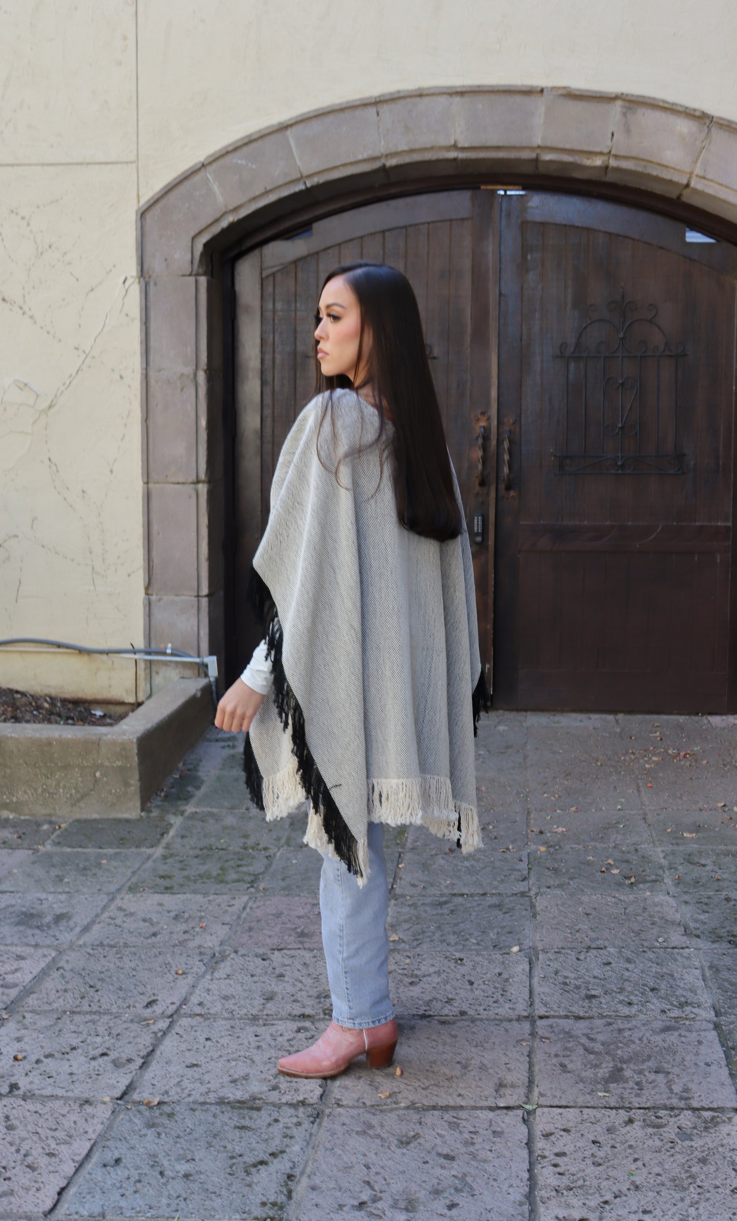 
                  
                    Charcoal Fringe Long Poncho
                  
                