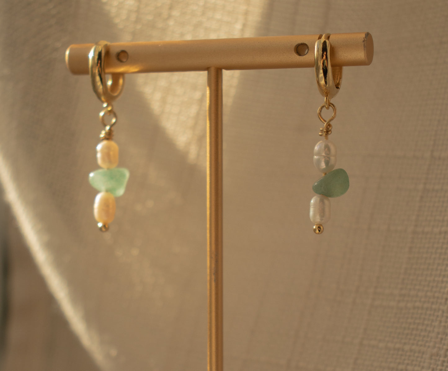 
                  
                    Huggie Hoop Pearl & Aventurine Drop Earrings | Made in El Salvador by Majo Collections
                  
                