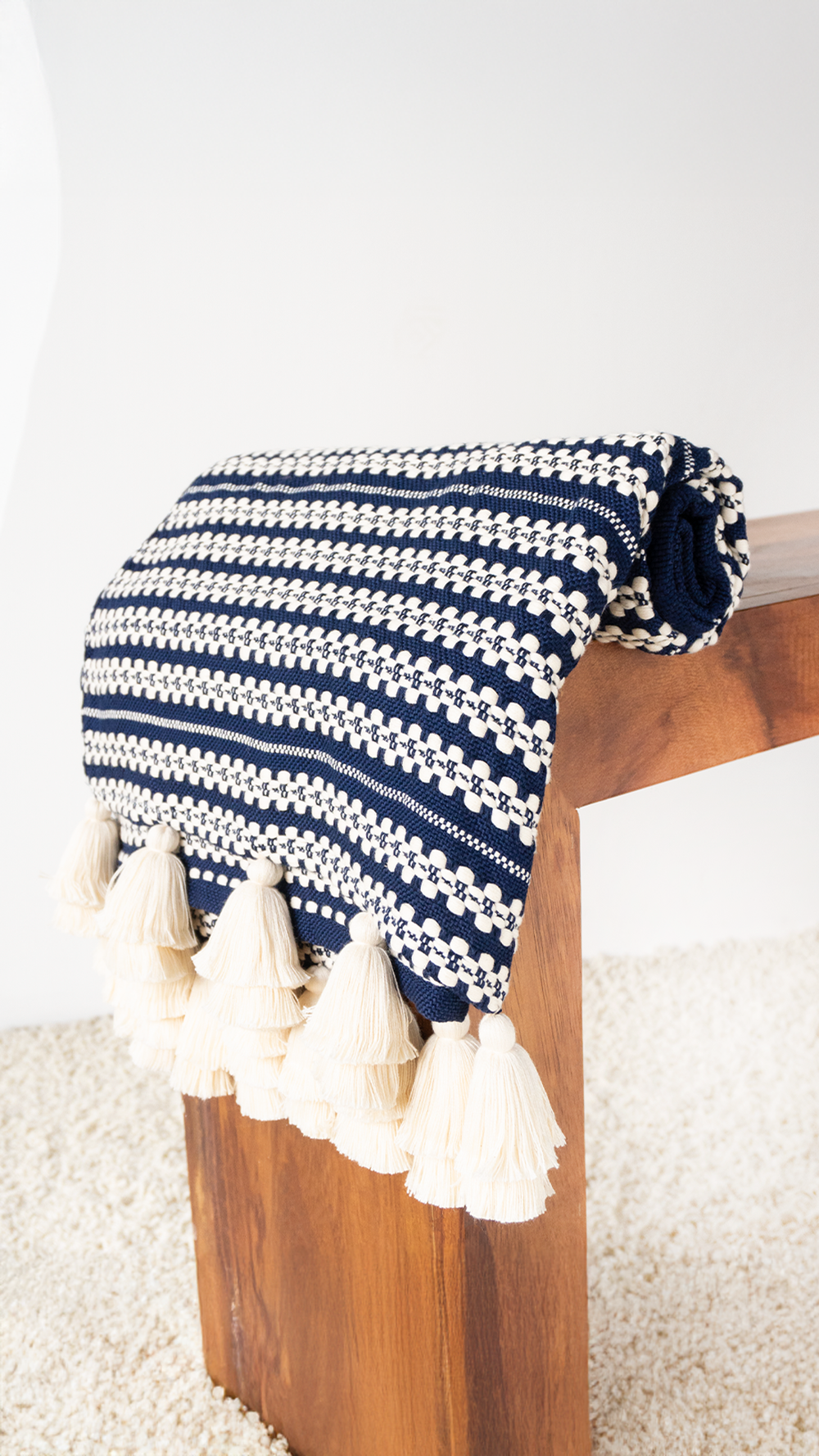 Handmade White and Navy Blue Throw